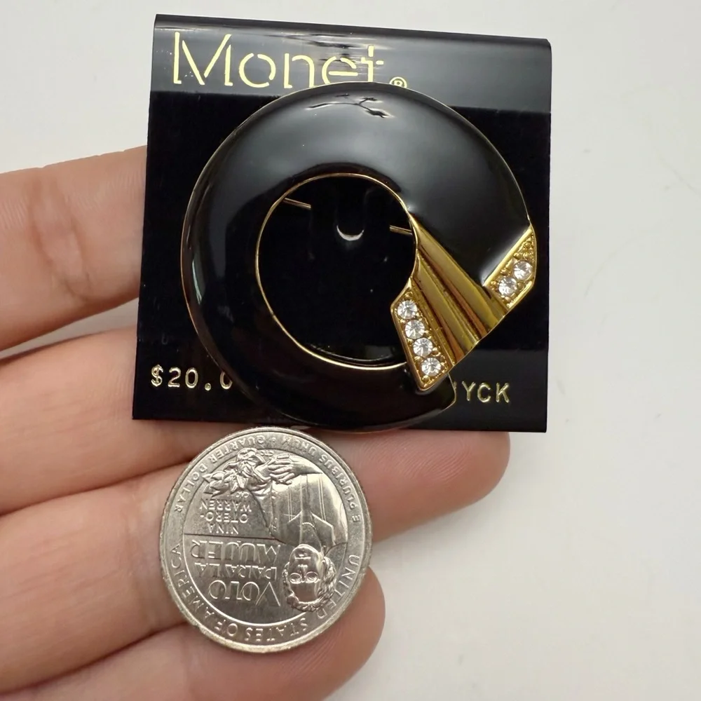 Vintage Monet Black Enamel Clear Rhinestone Goldtone Round Circle Brooch Pin